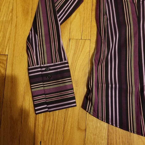 New York & Co. Stretch L/S V-Neck Button Up Striped Shirt Purple Womens Sz Large - Picture 7 of 10
